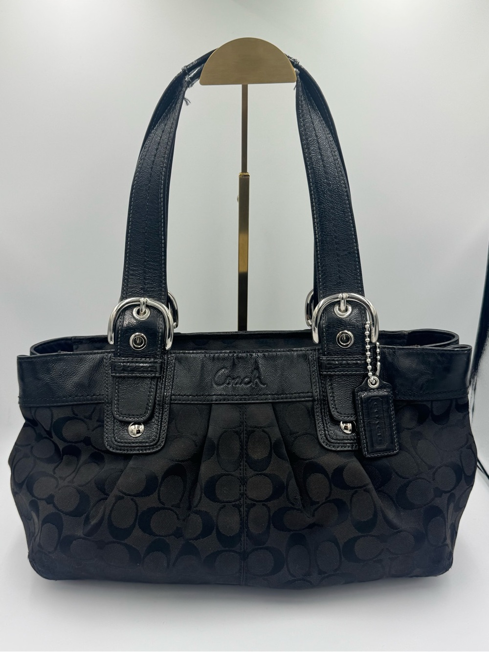 Coach Black Signature SoHo Pleated Tote with Leather Accents